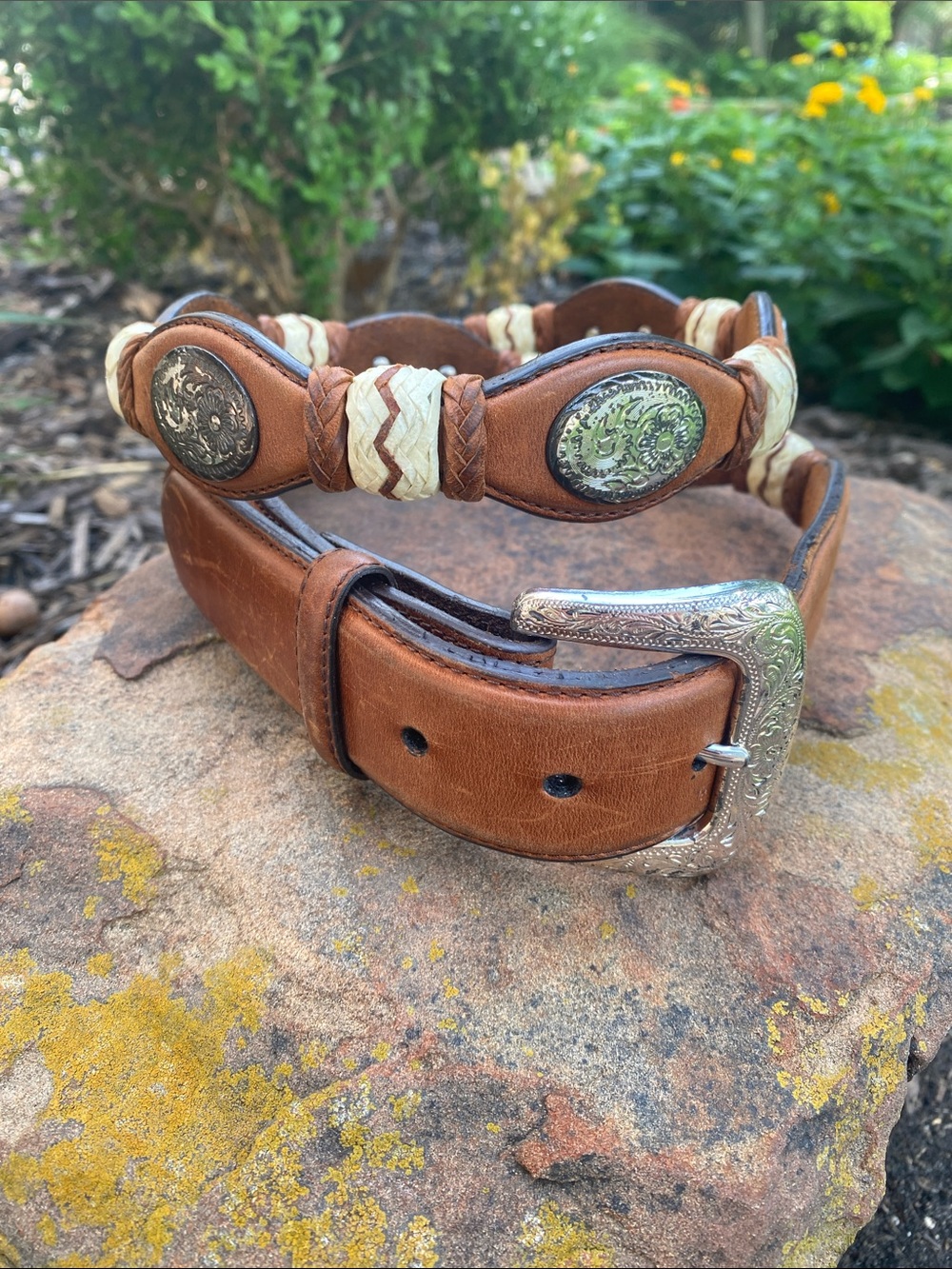 Leather Western belt Scalloped Edges, Engraved Conchos & Rawhide Whipstitch